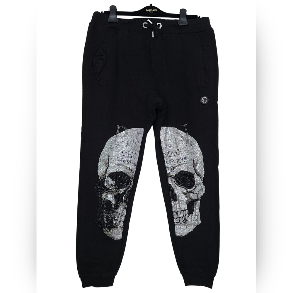 PHILIPP PLEIN 💀 Crystal Skull Print Joggers - Waist 36” - 40”, Black/Silver
